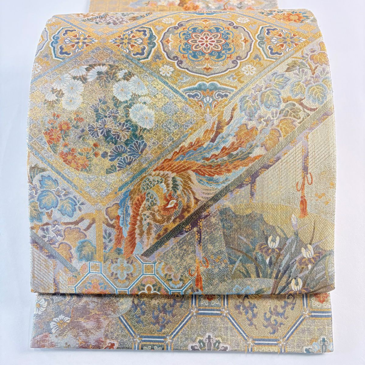 【美品】 袋帶 名品級 雙面 華紋 花鳥 金絲 金金箔 銀 お太鼓圖案 純蠶絲