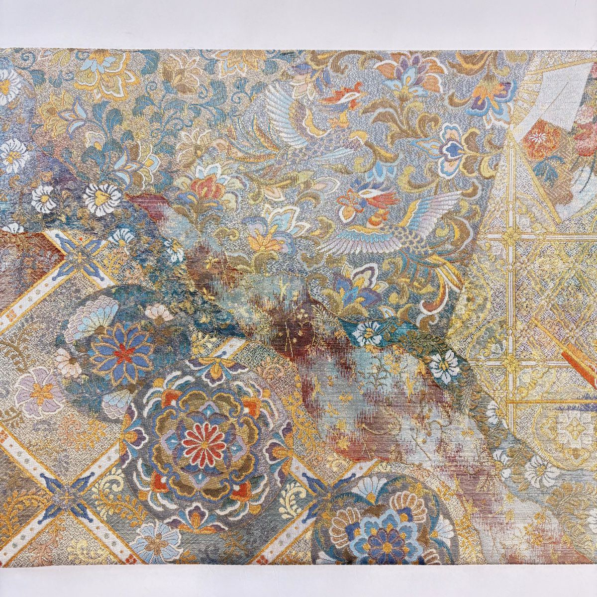 【美品】 袋帶 名品級 雙面 華紋 花鳥 金絲 金金箔 銀 お太鼓圖案 純蠶絲