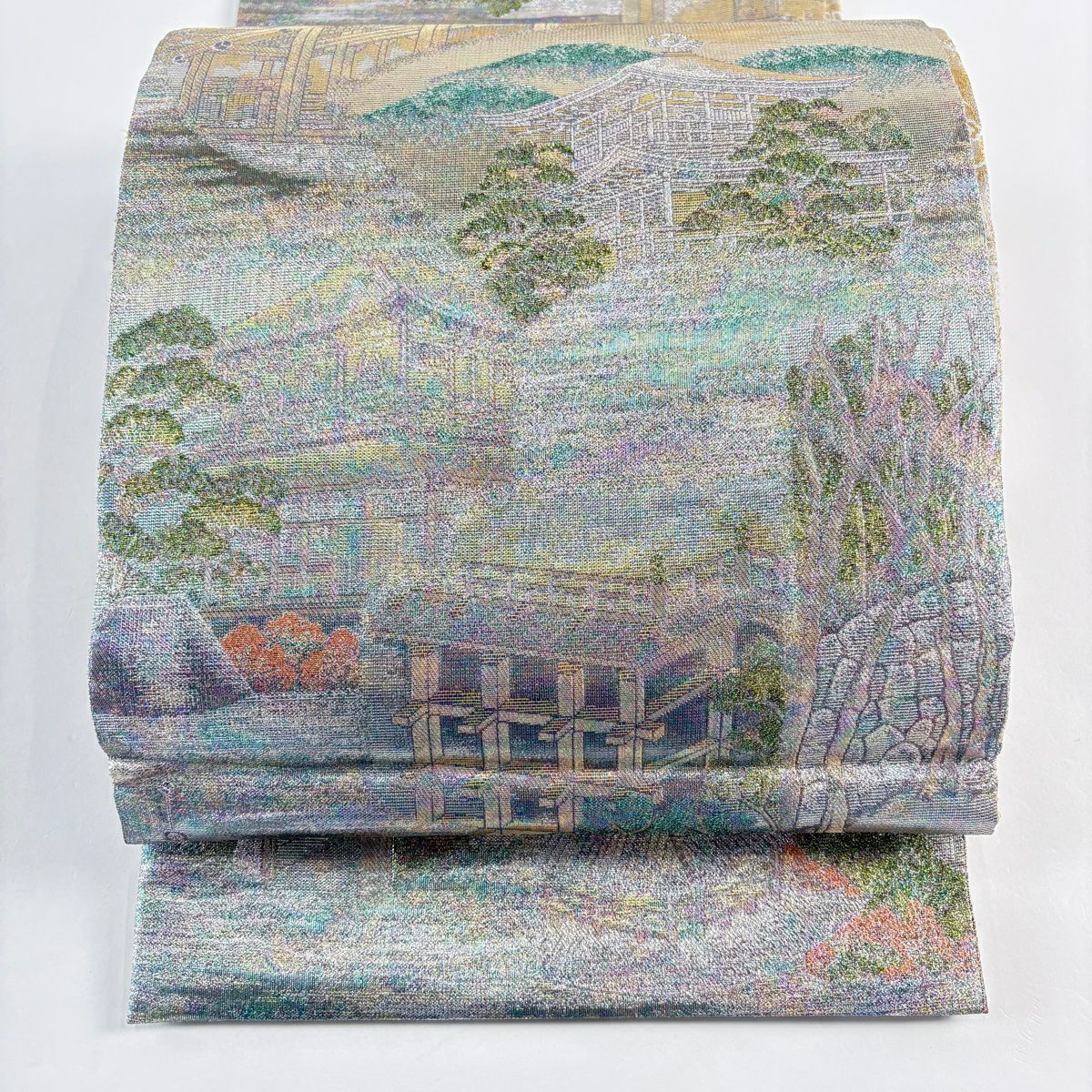 【美品】 袋帶 名品級 雙面 華紋 花鳥 金絲 金金箔 銀 お太鼓圖案 純蠶絲