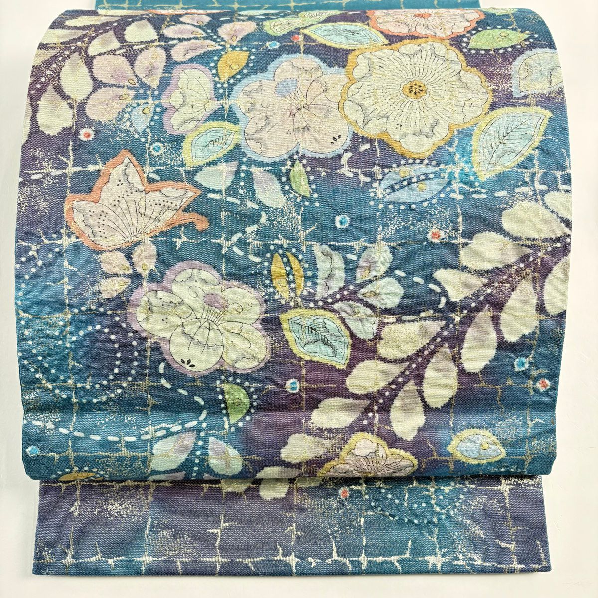 【美品】 袋帶 名品級 辻花染 格子 金金箔 銀線 青綠 お太鼓圖案 純蠶絲