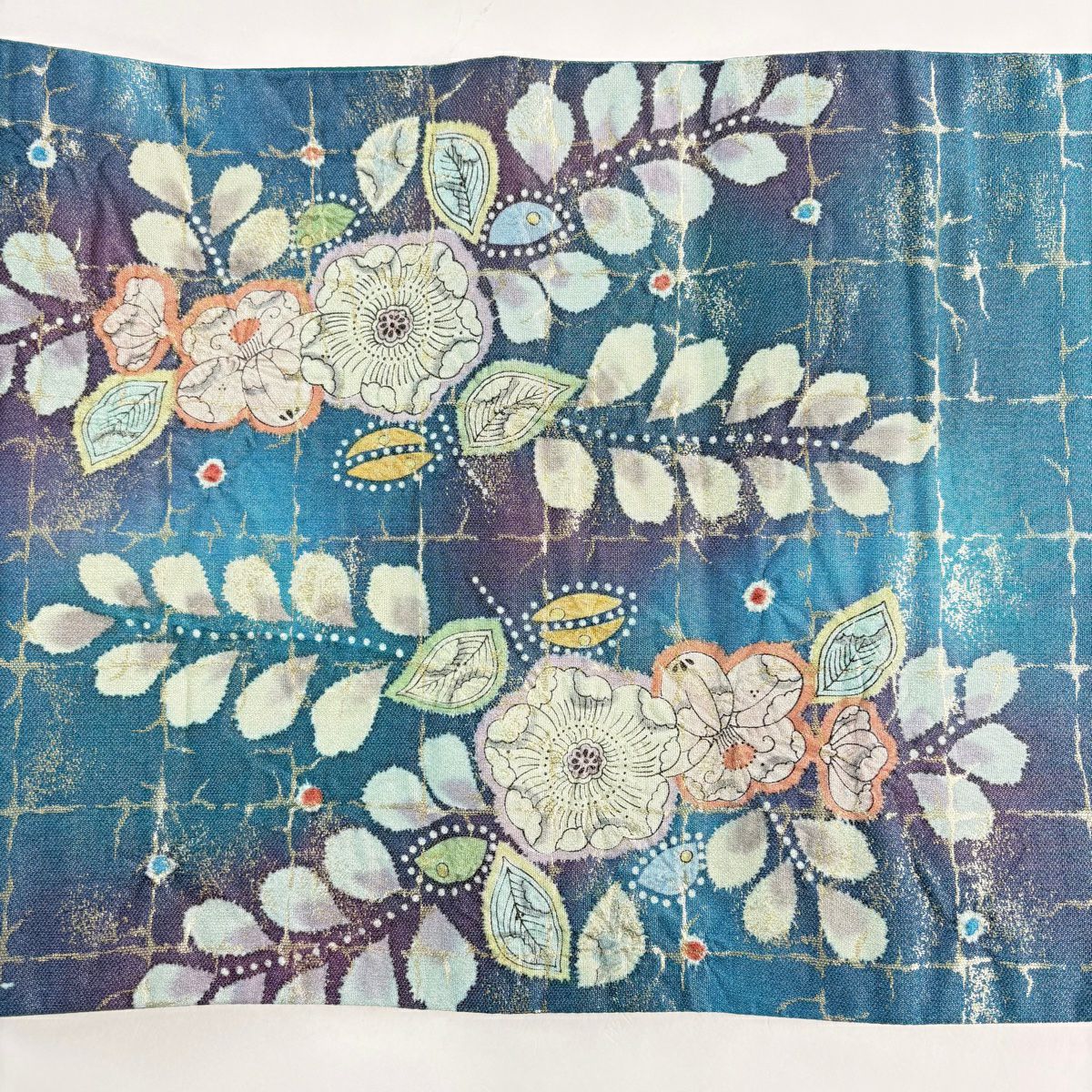 【美品】 袋帶 名品級 辻花染 格子 金金箔 銀線 青綠 お太鼓圖案 純蠶絲