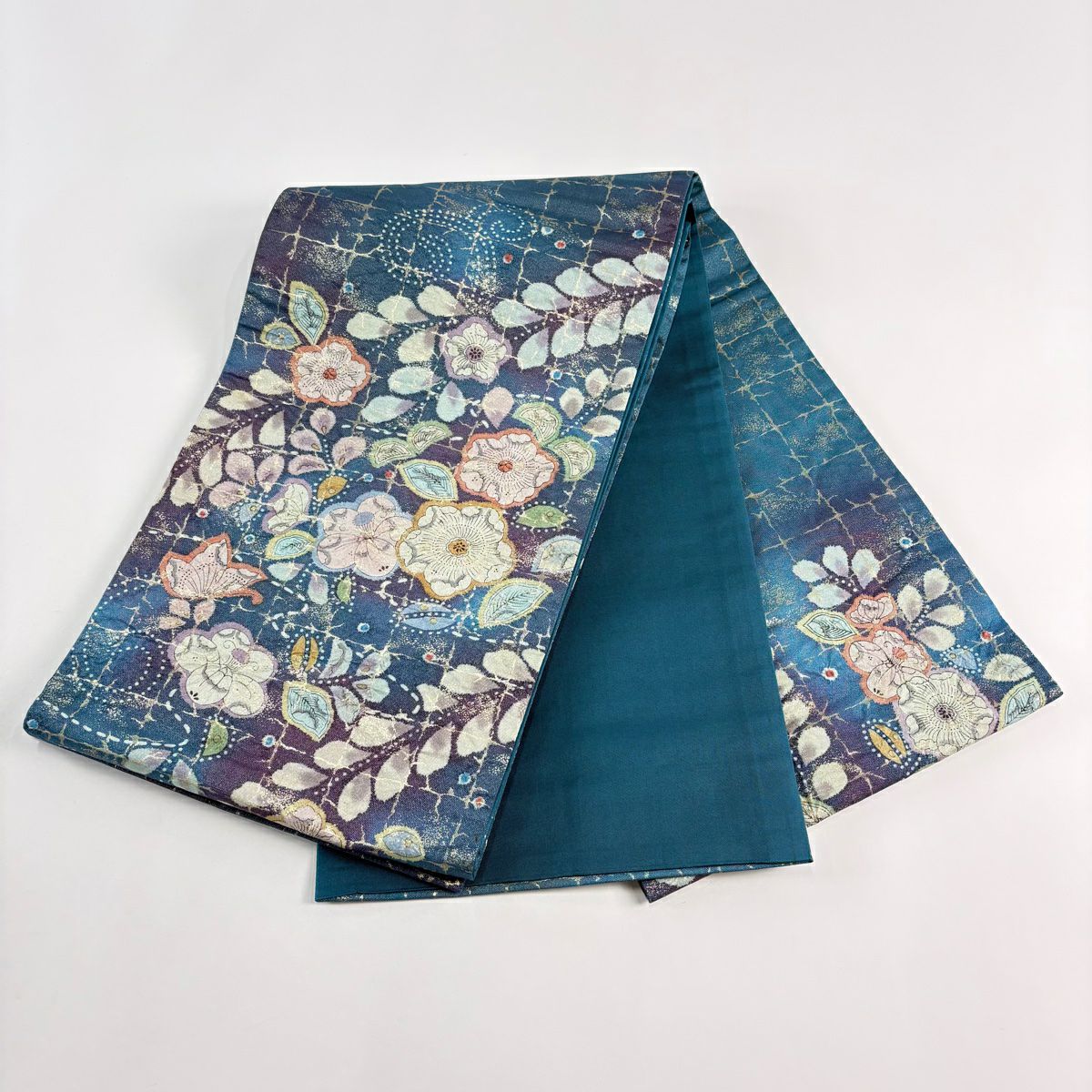 【美品】 袋帶 名品級 辻花染 格子 金金箔 銀線 青綠 お太鼓圖案 純蠶絲
