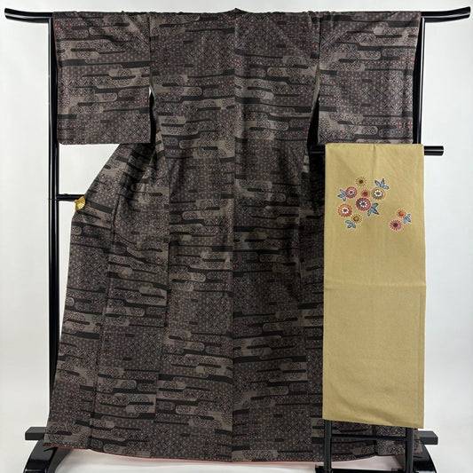 紬織 身長166.5cm 袖長66cm M 雙層 名古屋帶套裝 草花紋紋 薄霧 焦茶 純蠶絲 優品級