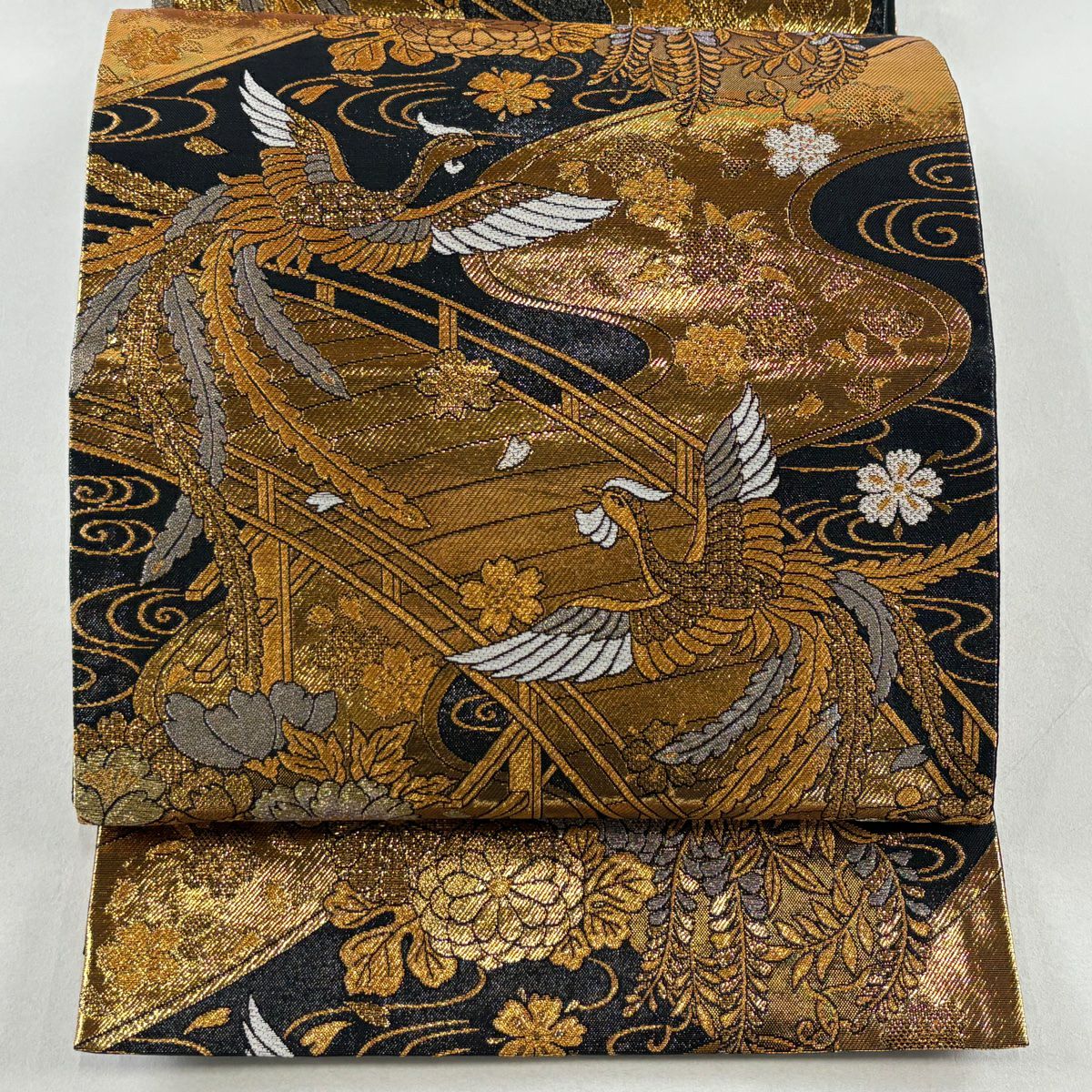 【美品】袋帶 秀品級 鳥 橋 金金箔 金絲 黑 六通 純蠶絲