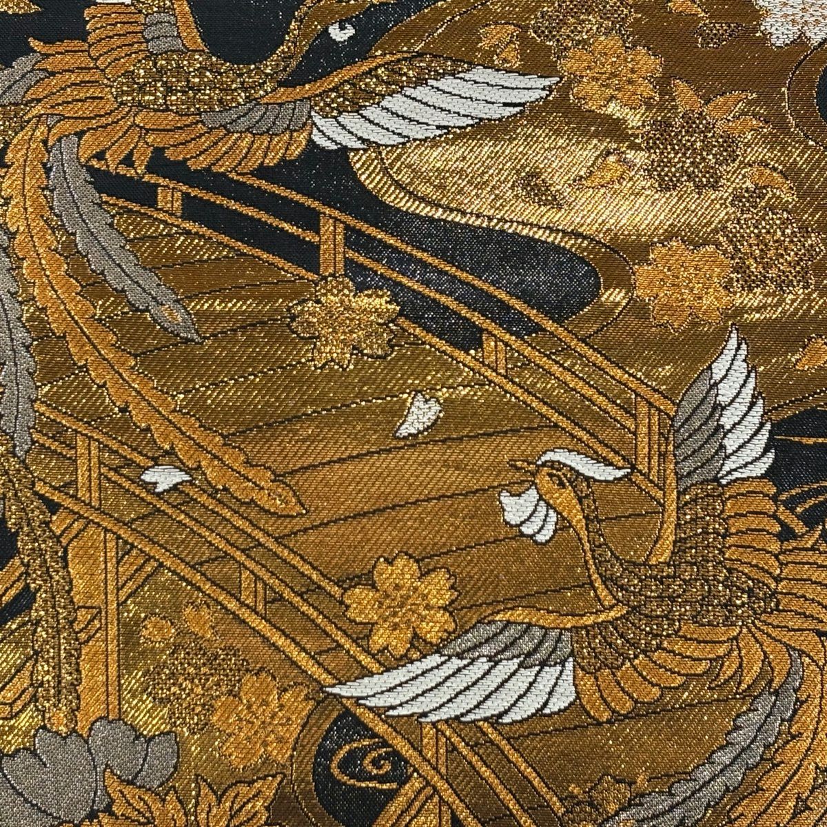 【美品】袋帶 秀品級 鳥 橋 金金箔 金絲 黑 六通 純蠶絲