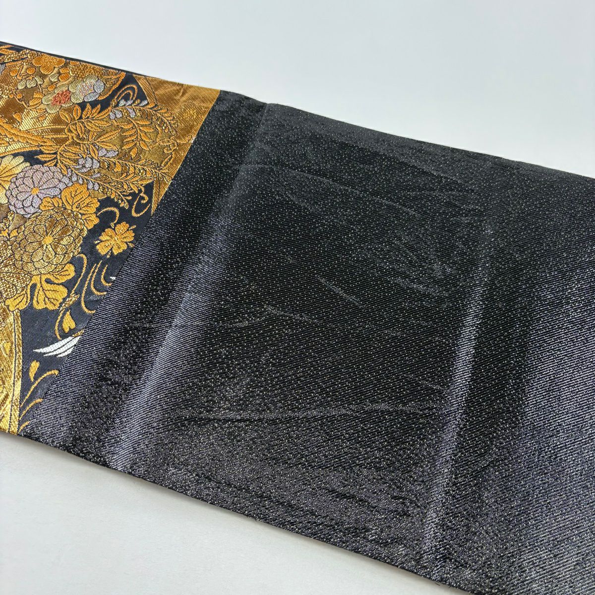 【美品】袋帶 秀品級 鳥 橋 金金箔 金絲 黑 六通 純蠶絲