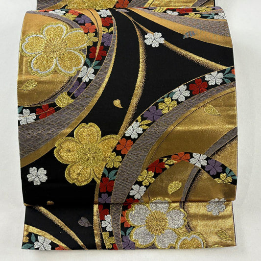 袋帶 秀品級 櫻花花瓣 金銀彩 刺繡 黑 六通 純蠶絲