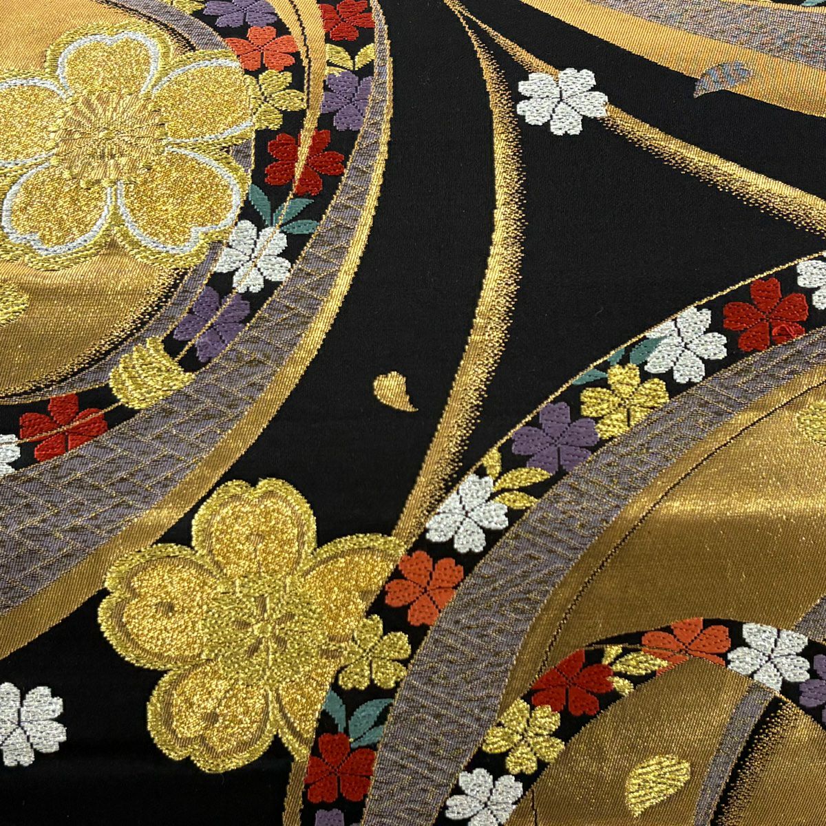 袋帶 秀品級 櫻花花瓣 金銀彩 刺繡 黑 六通 純蠶絲