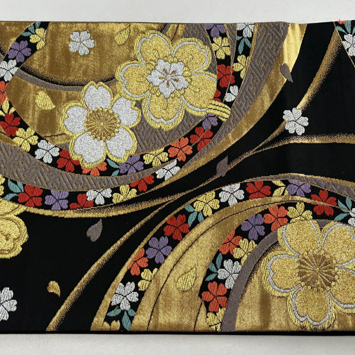 袋帶 秀品級 櫻花花瓣 金銀彩 刺繡 黑 六通 純蠶絲