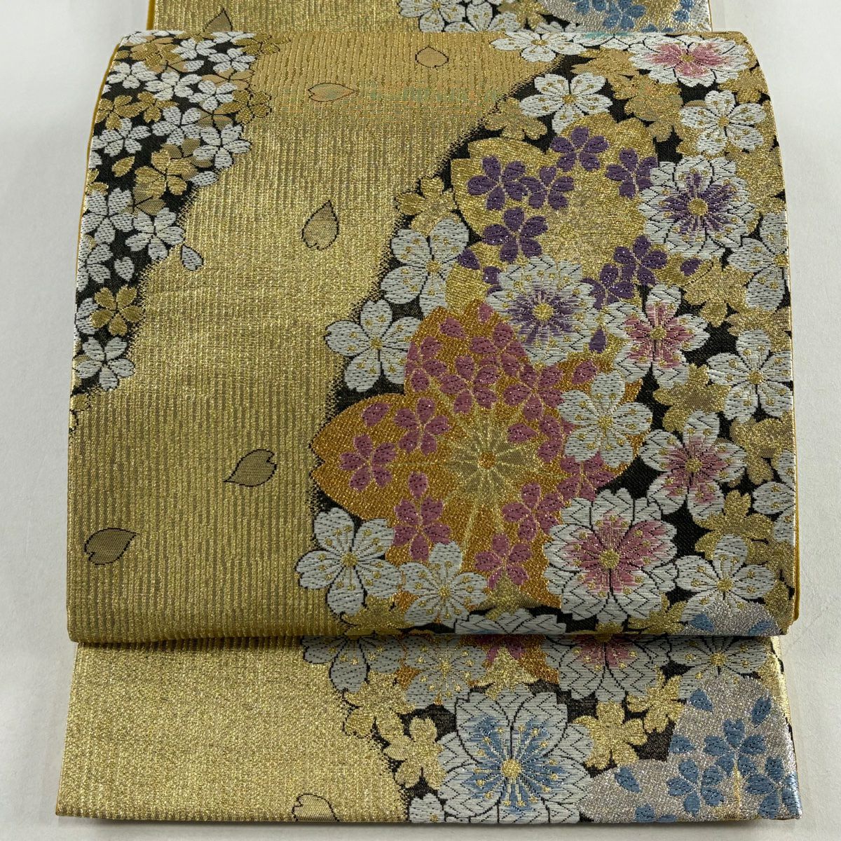 【美品】 袋帶 秀品級 櫻花 條紋 金銀線 刺繡 金色 六通 純蠶絲
