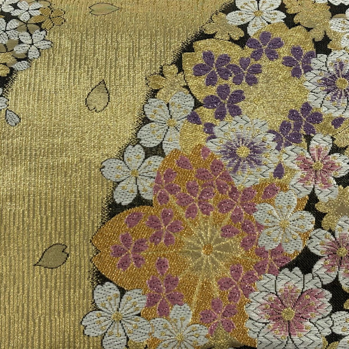 【美品】 袋帶 秀品級 櫻花 條紋 金銀線 刺繡 金色 六通 純蠶絲