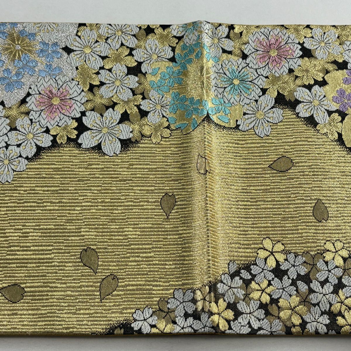 【美品】 袋帶 秀品級 櫻花 條紋 金銀線 刺繡 金色 六通 純蠶絲