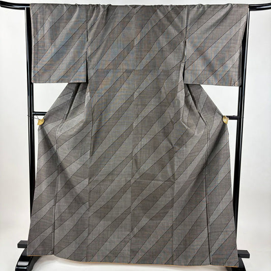 【美品】 紬織 身長166.5cm 袖長66.5cm M 雙層 ますいわ屋 斜紋 灰 純蠶絲 名品級