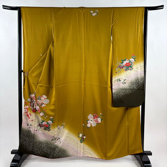 振袖禮服 身長162.5cm 袖長63cm S 雙層 御所車 櫻花 金銀彩 漸層 山吹茶 純蠶絲 優品級