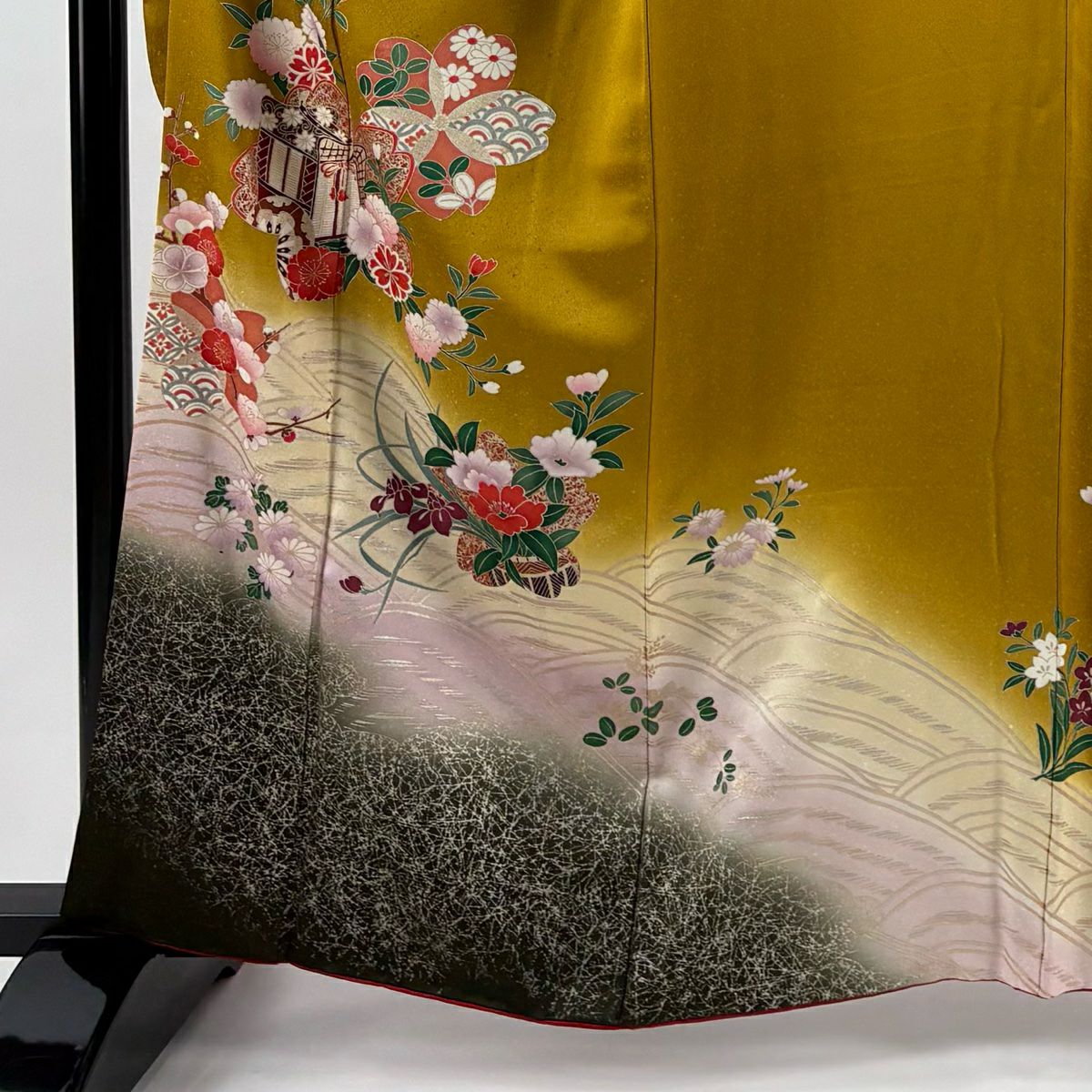 振袖禮服 身長162.5cm 袖長63cm S 雙層 御所車 櫻花 金銀彩 漸層 山吹茶 純蠶絲 優品級