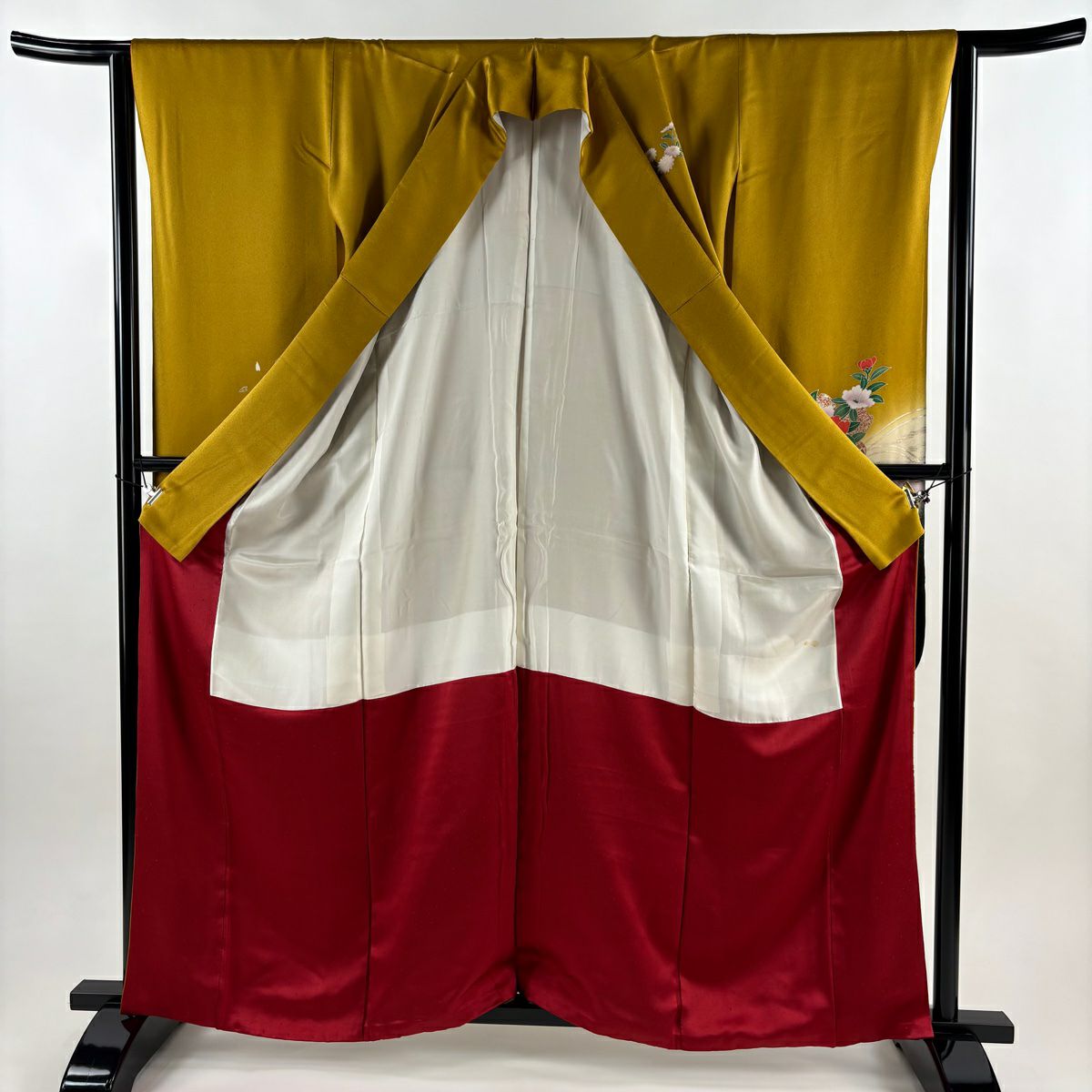 振袖禮服 身長162.5cm 袖長63cm S 雙層 御所車 櫻花 金銀彩 漸層 山吹茶 純蠶絲 優品級