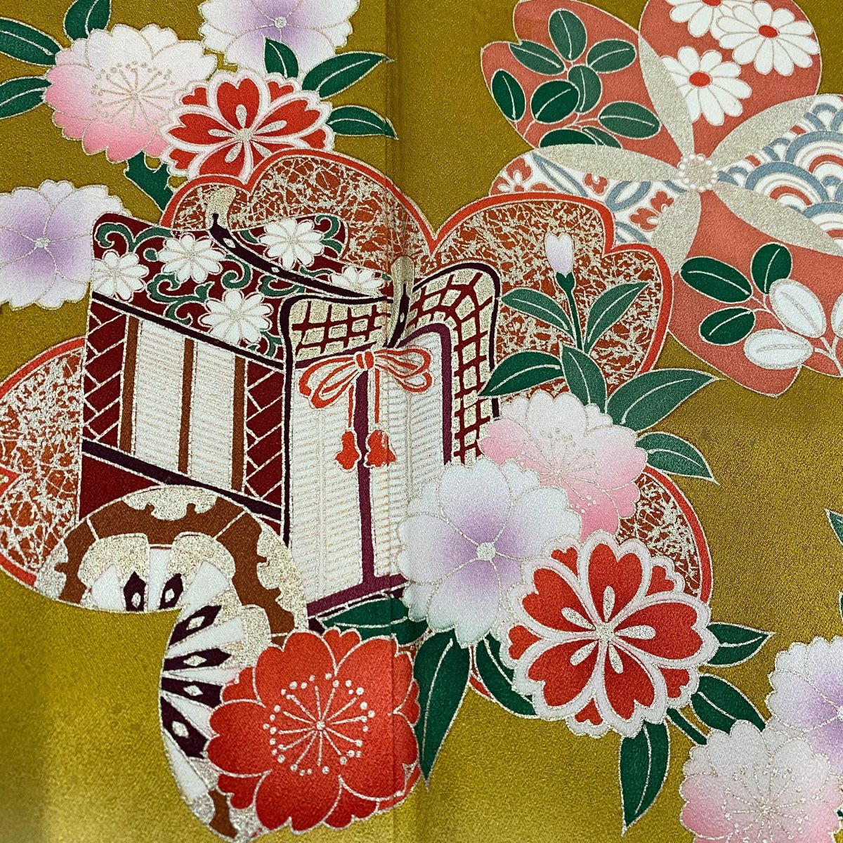 振袖禮服 身長162.5cm 袖長63cm S 雙層 御所車 櫻花 金銀彩 漸層 山吹茶 純蠶絲 優品級