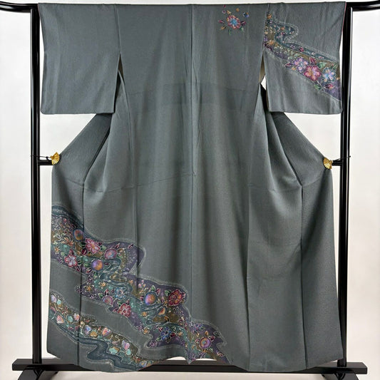 訪問服 身長157cm 袖長64cm M 雙層 草花紋紋 霞 灰綠 純蠶絲 秀品級