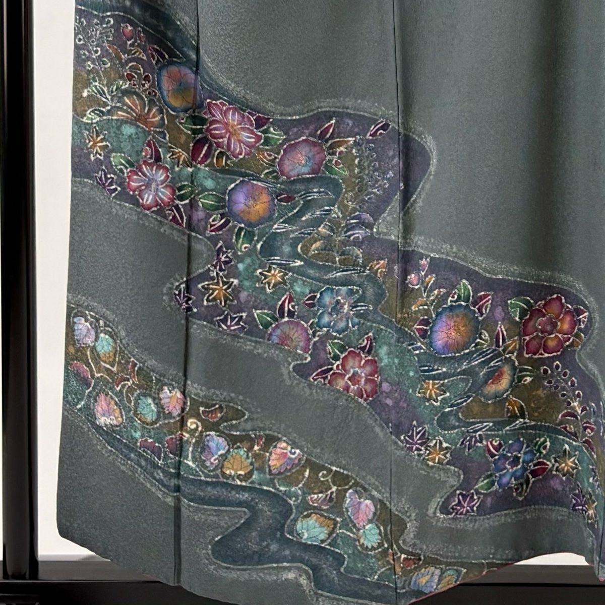 訪問服 身長157cm 袖長64cm M 雙層 草花紋紋 霞 灰綠 純蠶絲 秀品級