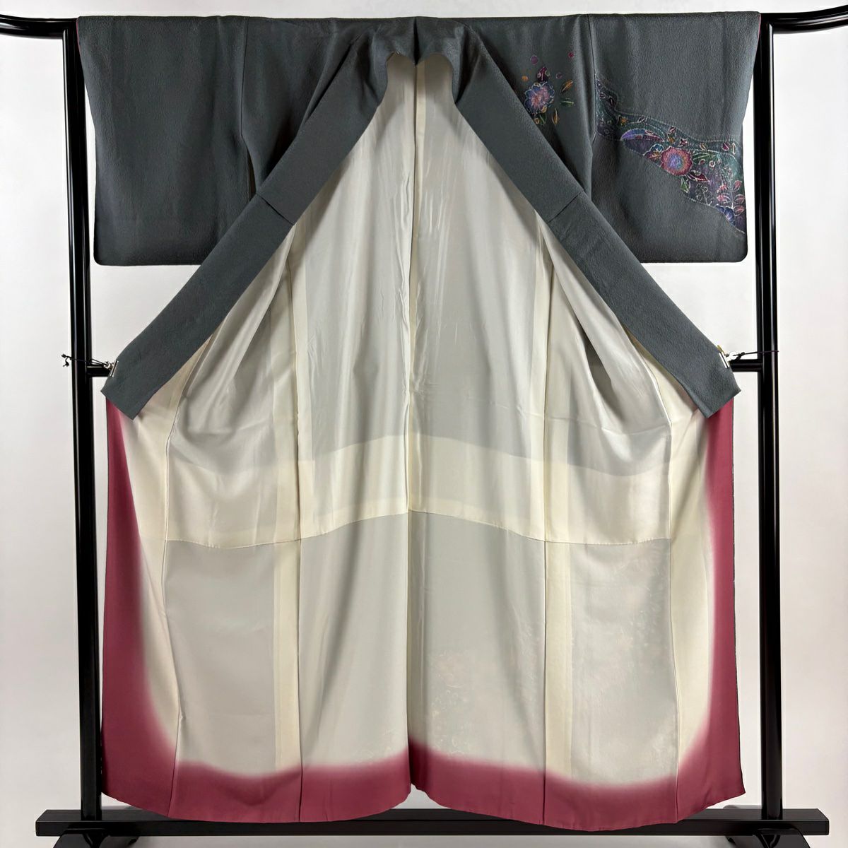 訪問服 身長157cm 袖長64cm M 雙層 草花紋紋 霞 灰綠 純蠶絲 秀品級