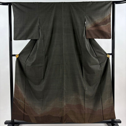 【美品】訪問服 身長160.5cm 袖長62.5cm S 雙層 紬織織 山峦 茶綠 純蠶絲 秀品級