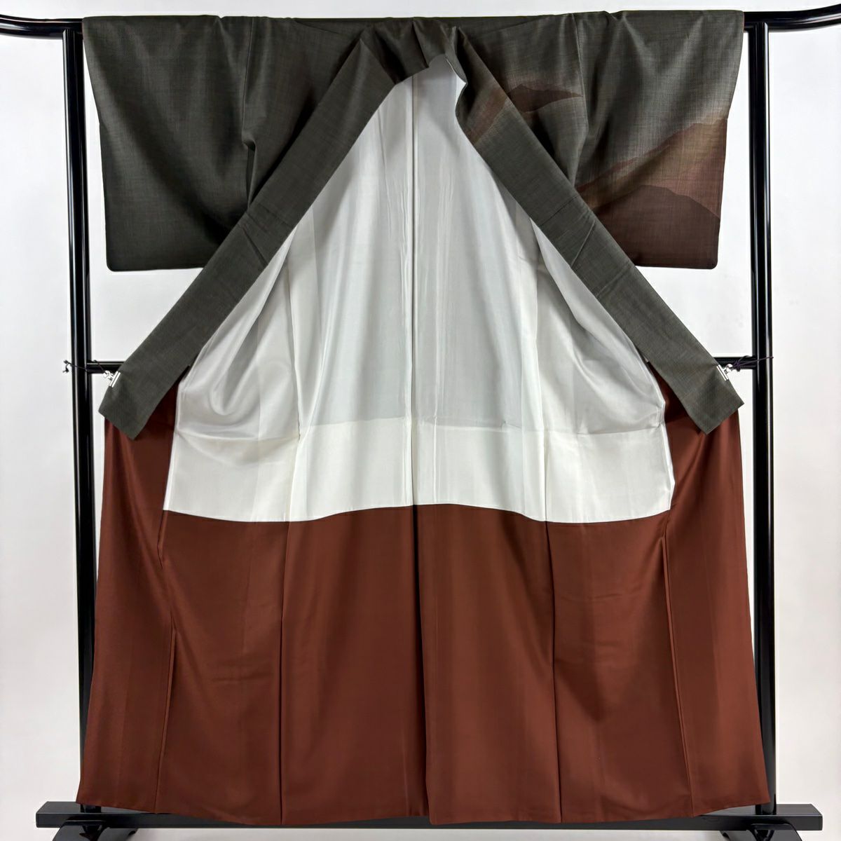 【美品】訪問服 身長160.5cm 袖長62.5cm S 雙層 紬織織 山峦 茶綠 純蠶絲 秀品級