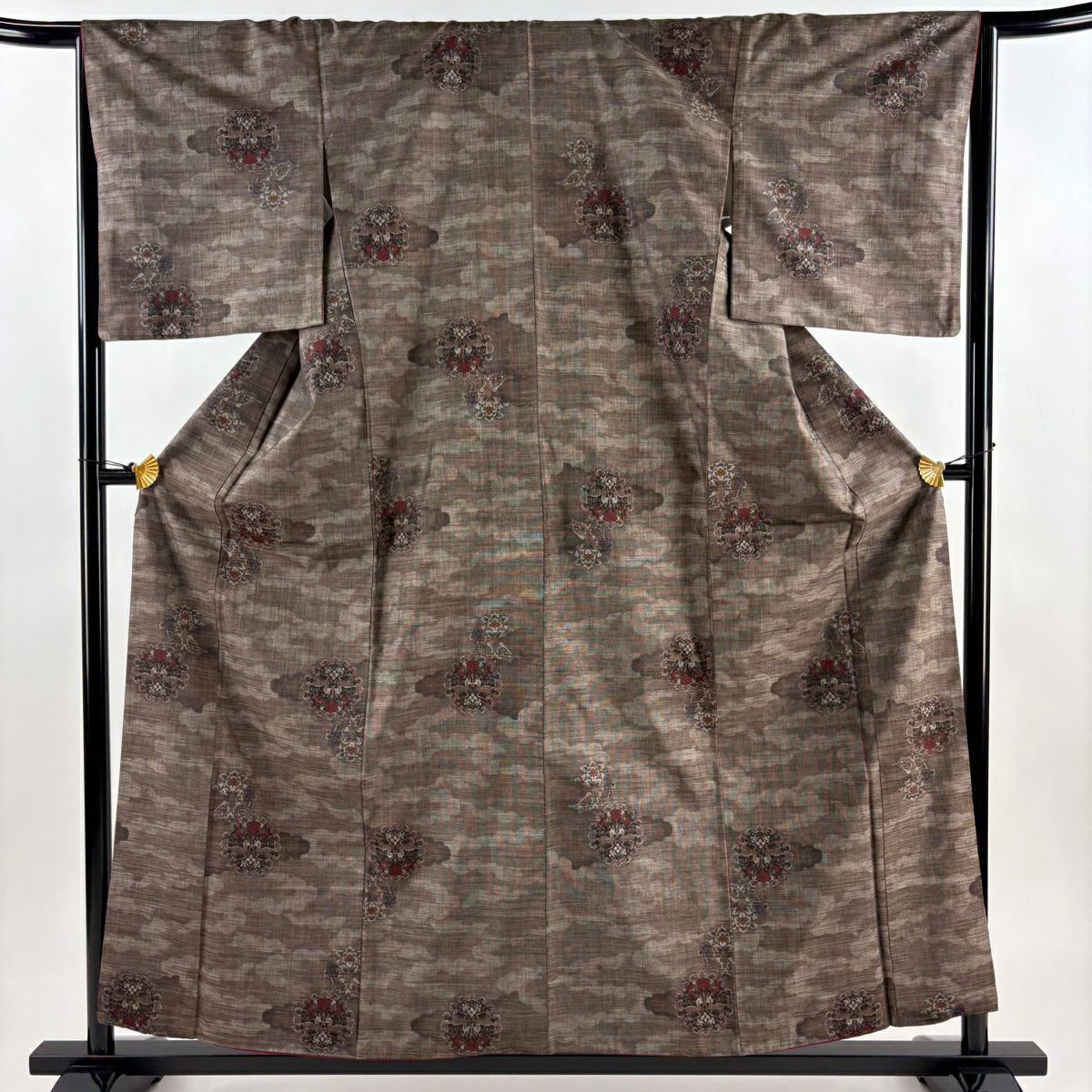 【美品】 紬織 身長156cm 袖長66cm M 雙層 草花紋紋 雲文 焦茶 純蠶絲 秀品級