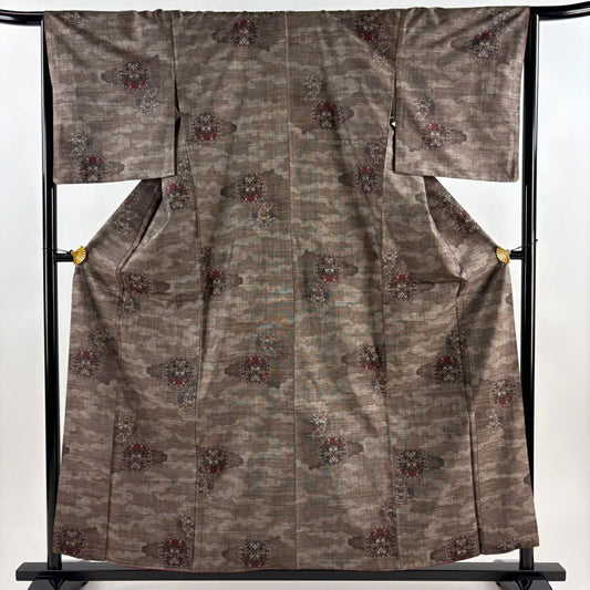【美品】 紬織 身長156cm 袖長66cm M 雙層 草花紋紋 雲文 焦茶 純蠶絲 秀品級