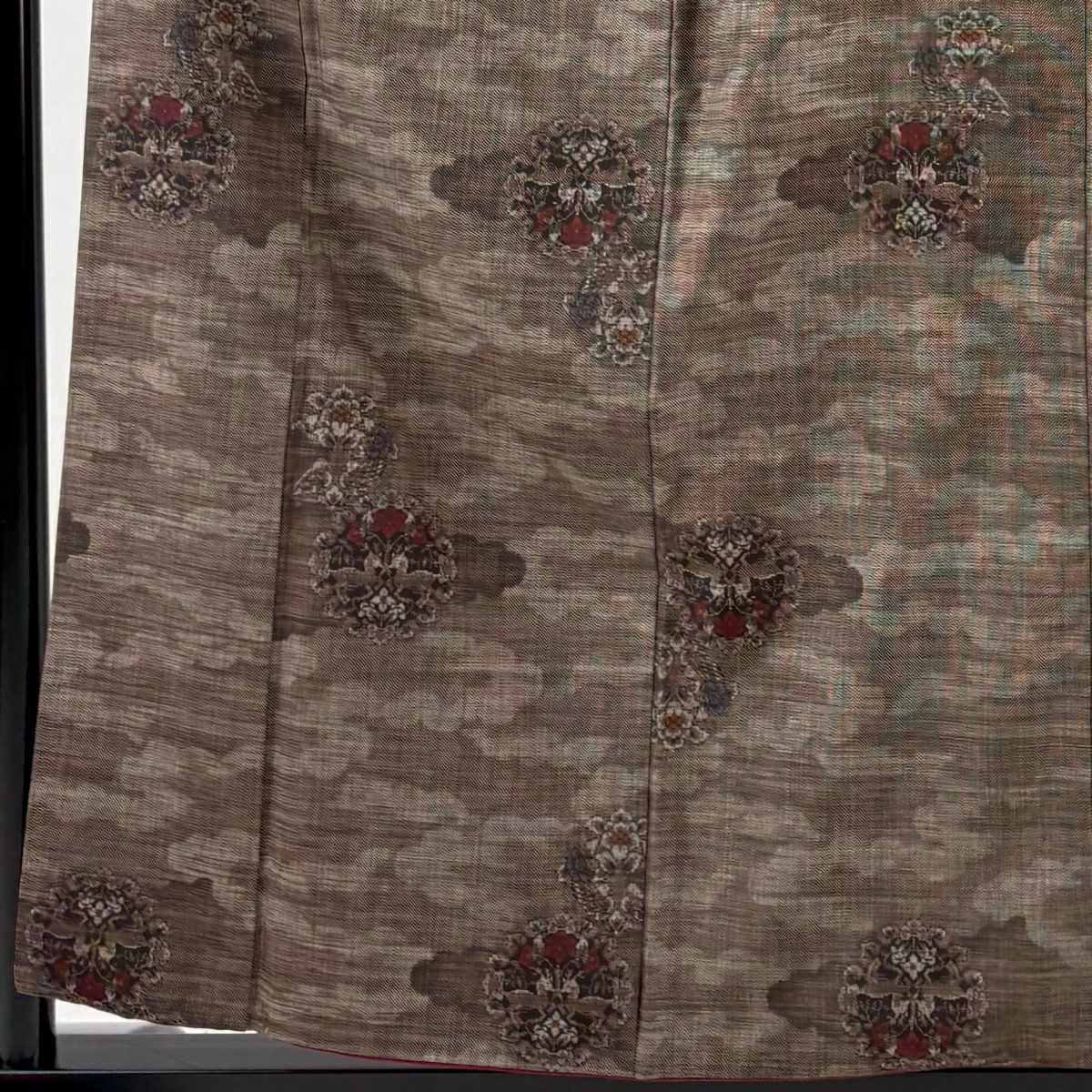 【美品】 紬織 身長156cm 袖長66cm M 雙層 草花紋紋 雲文 焦茶 純蠶絲 秀品級