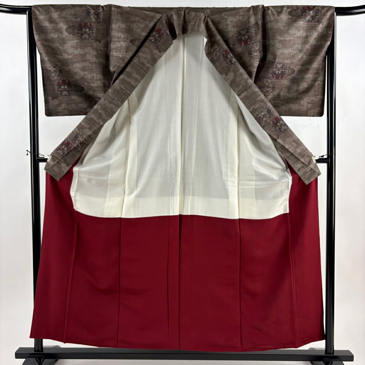 【美品】 紬織 身長156cm 袖長66cm M 雙層 草花紋紋 雲文 焦茶 純蠶絲 秀品級