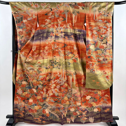 振袖禮服 身長167.5cm 袖長68.5cm L 雙層 御所車 草花紋紋 金絲 金銀彩 朱 純蠶絲 秀品級