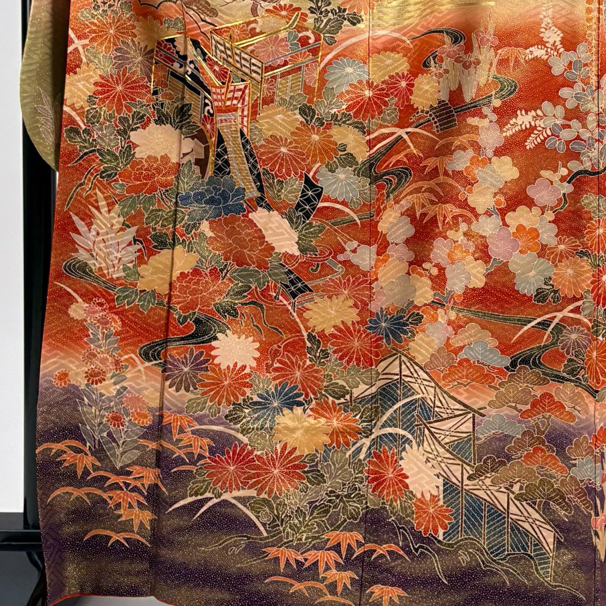 振袖禮服 身長167.5cm 袖長68.5cm L 雙層 御所車 草花紋紋 金絲 金銀彩 朱 純蠶絲 秀品級