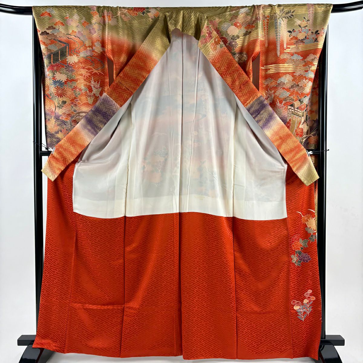 振袖禮服 身長167.5cm 袖長68.5cm L 雙層 御所車 草花紋紋 金絲 金銀彩 朱 純蠶絲 秀品級