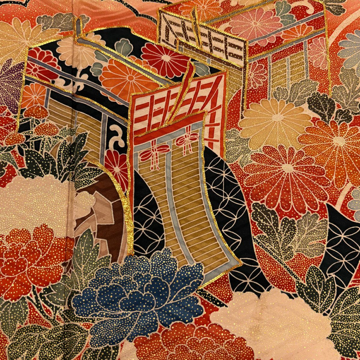 振袖禮服 身長167.5cm 袖長68.5cm L 雙層 御所車 草花紋紋 金絲 金銀彩 朱 純蠶絲 秀品級