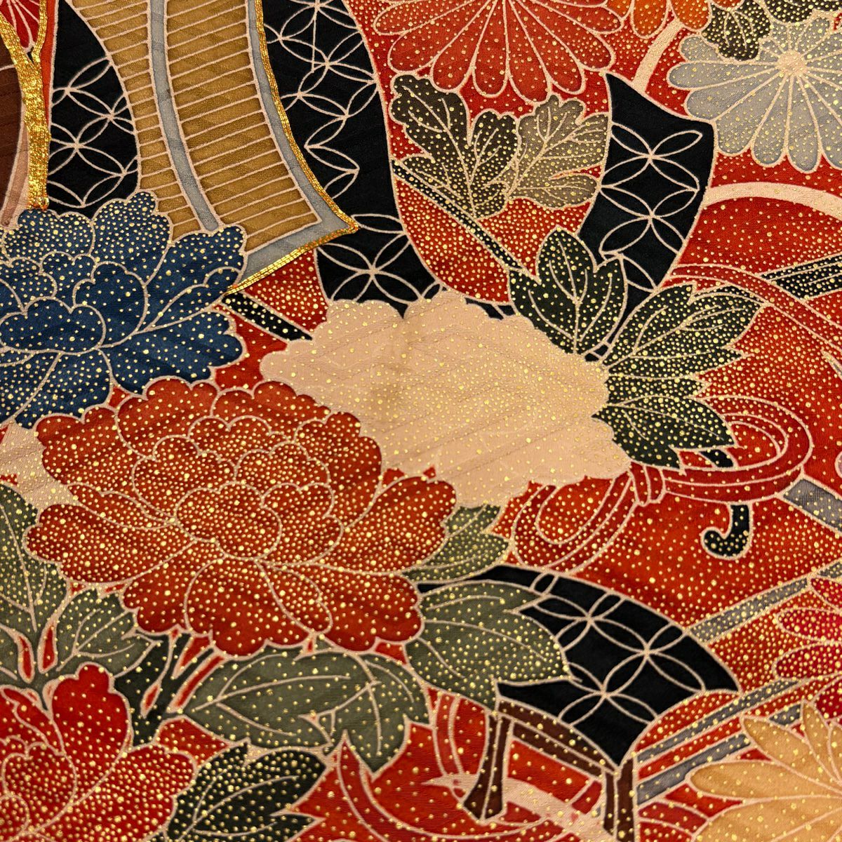振袖禮服 身長167.5cm 袖長68.5cm L 雙層 御所車 草花紋紋 金絲 金銀彩 朱 純蠶絲 秀品級