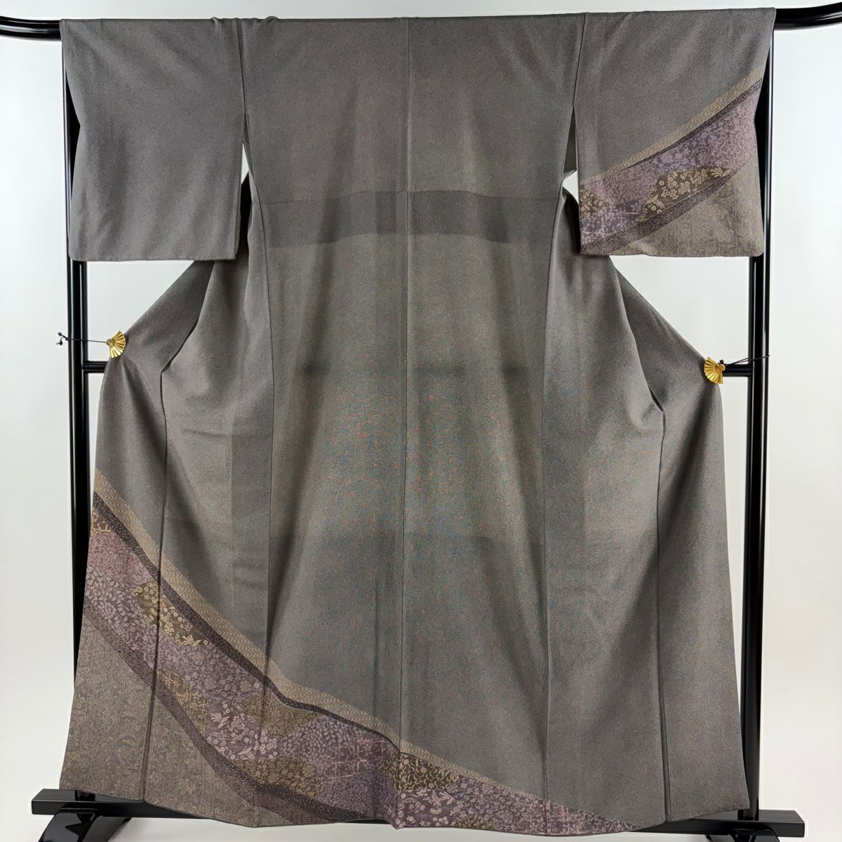 付下 身長159cm 袖長67cm M 雙層 大和 鮫文 草花紋紋 茶紫 純蠶絲 秀品級