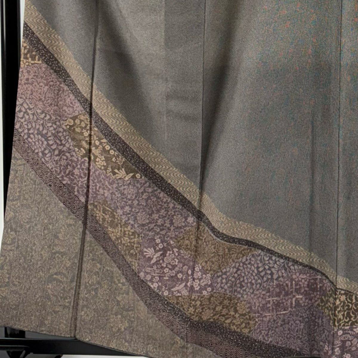付下 身長159cm 袖長67cm M 雙層 大和 鮫文 草花紋紋 茶紫 純蠶絲 秀品級
