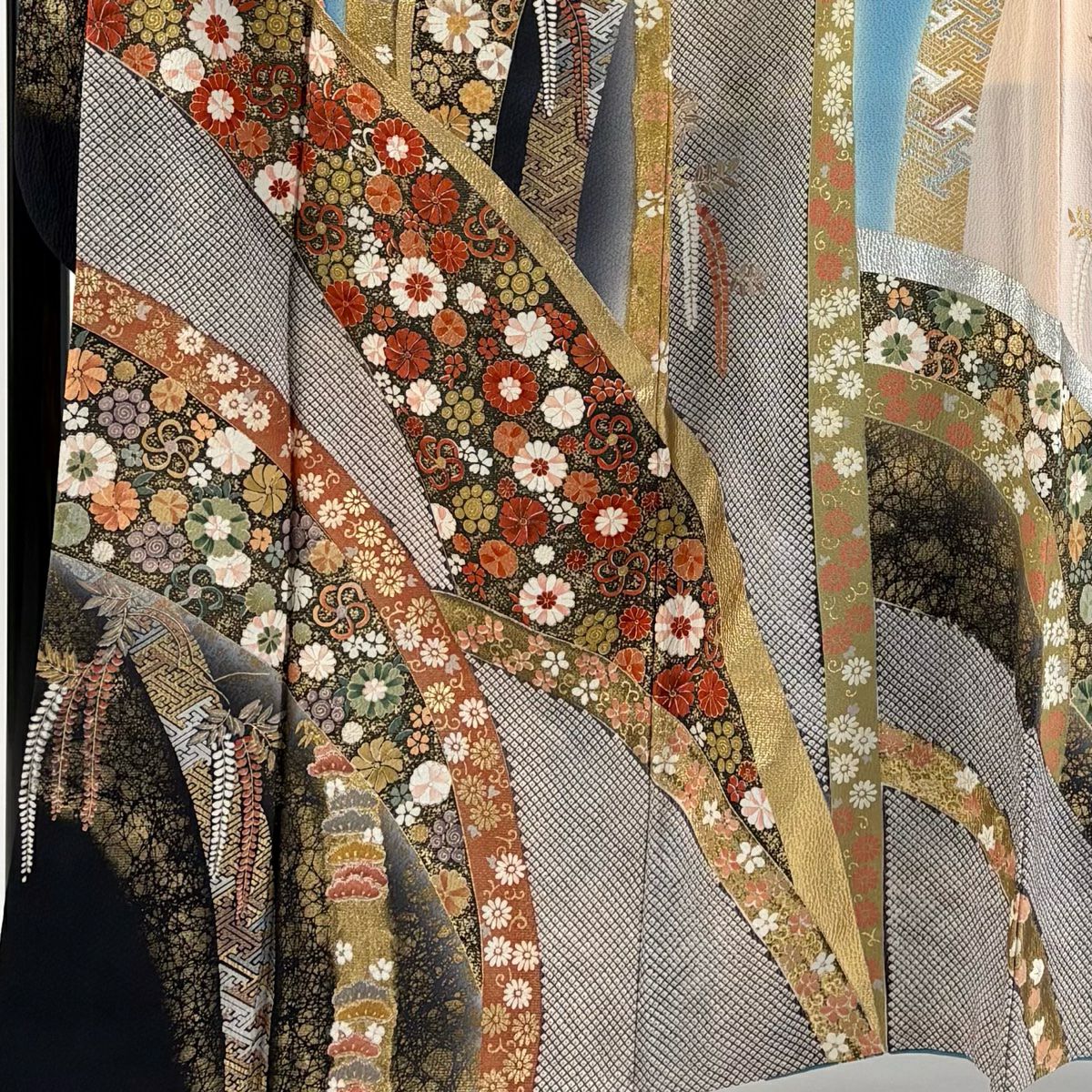 振袖禮服 身長164cm 袖長67.5cm L 雙層 菊花 旋梅花 金銀彩 漸層 水藍 純蠶絲 優品級