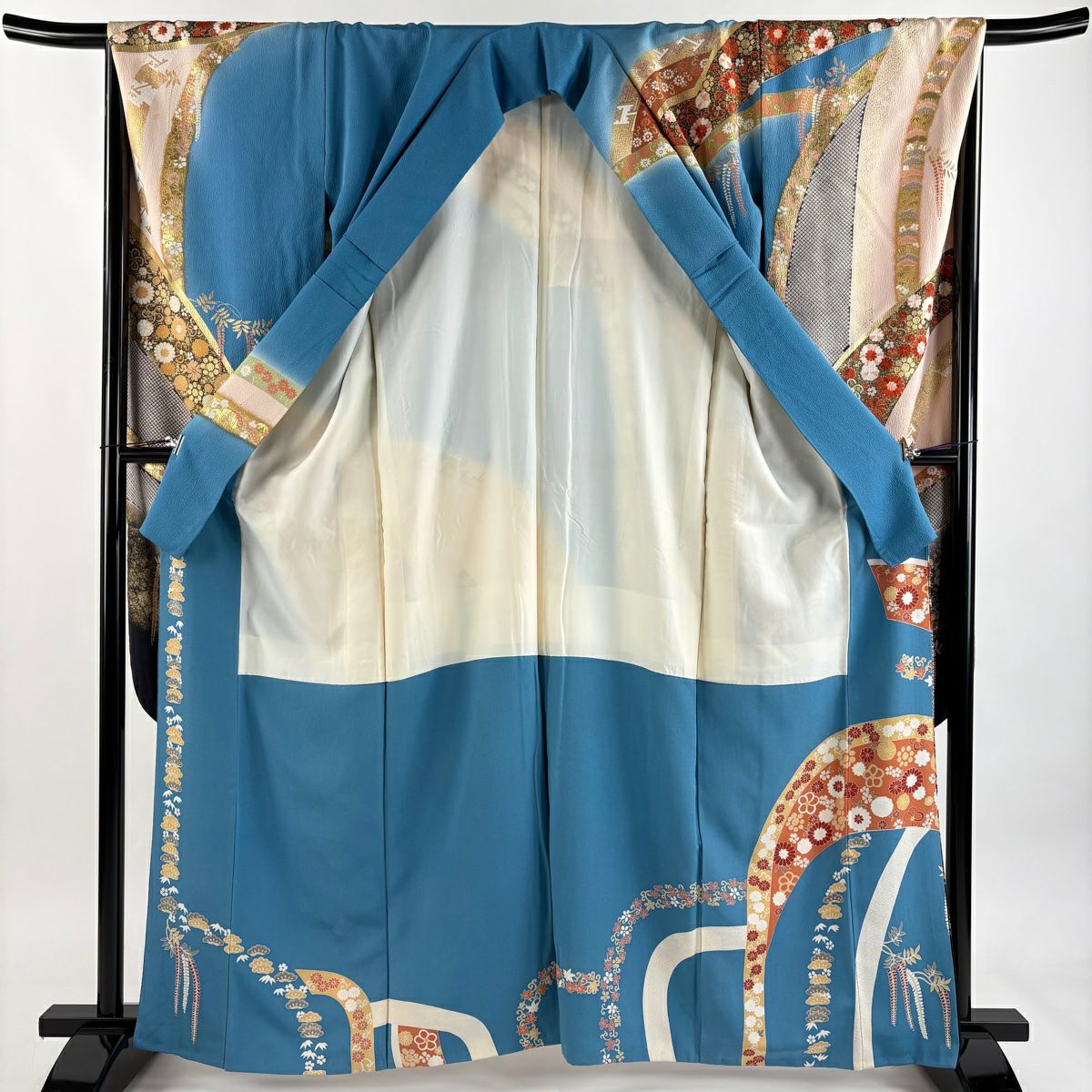 振袖禮服 身長164cm 袖長67.5cm L 雙層 菊花 旋梅花 金銀彩 漸層 水藍 純蠶絲 優品級