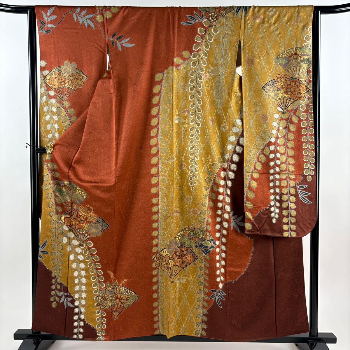 【美品】振袖禮服 身長158cm 袖長63.5cm S 雙層 扇子子 櫻花 金銀彩 金絲 紅茶 純蠶絲 秀品級