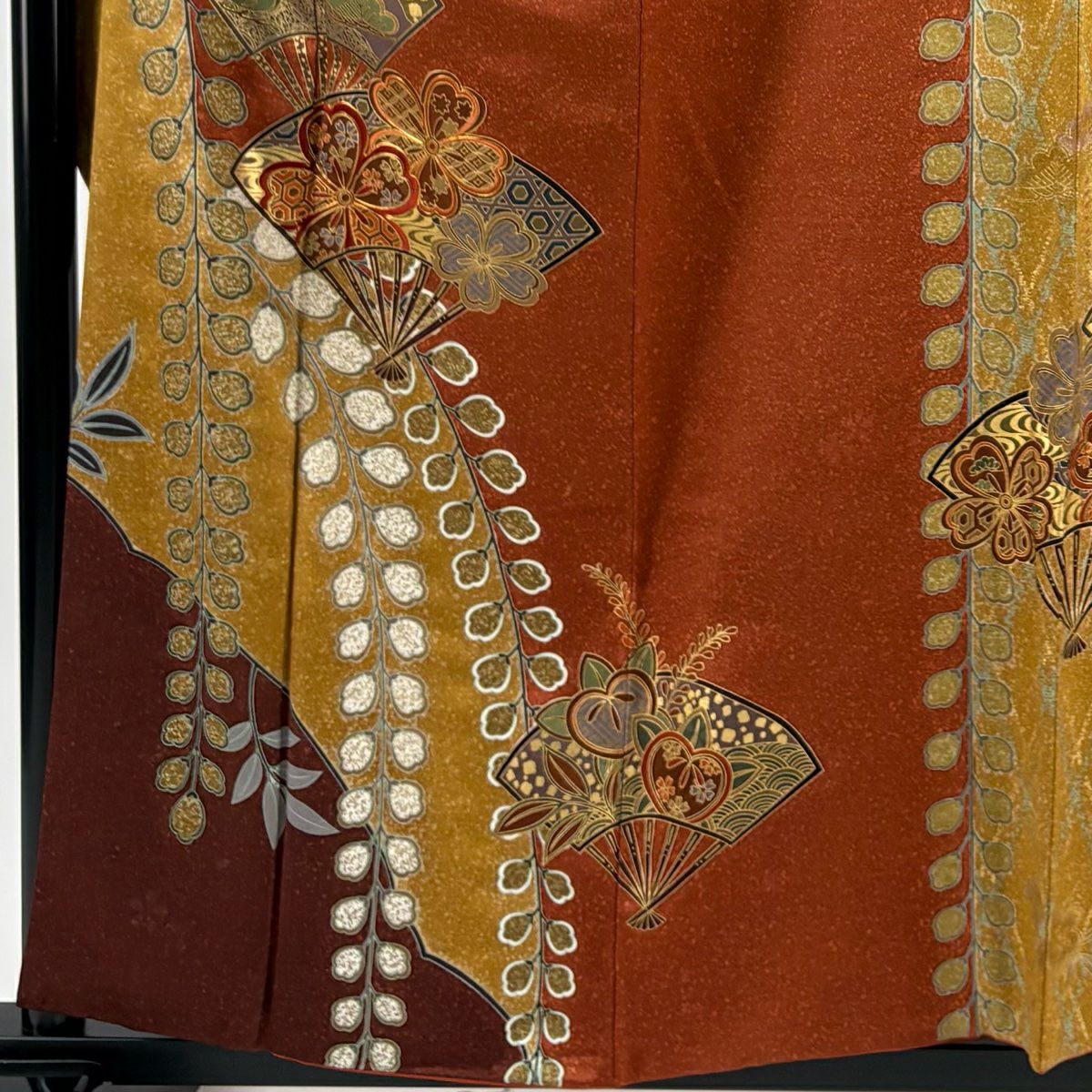 【美品】振袖禮服 身長158cm 袖長63.5cm S 雙層 扇子子 櫻花 金銀彩 金絲 紅茶 純蠶絲 秀品級