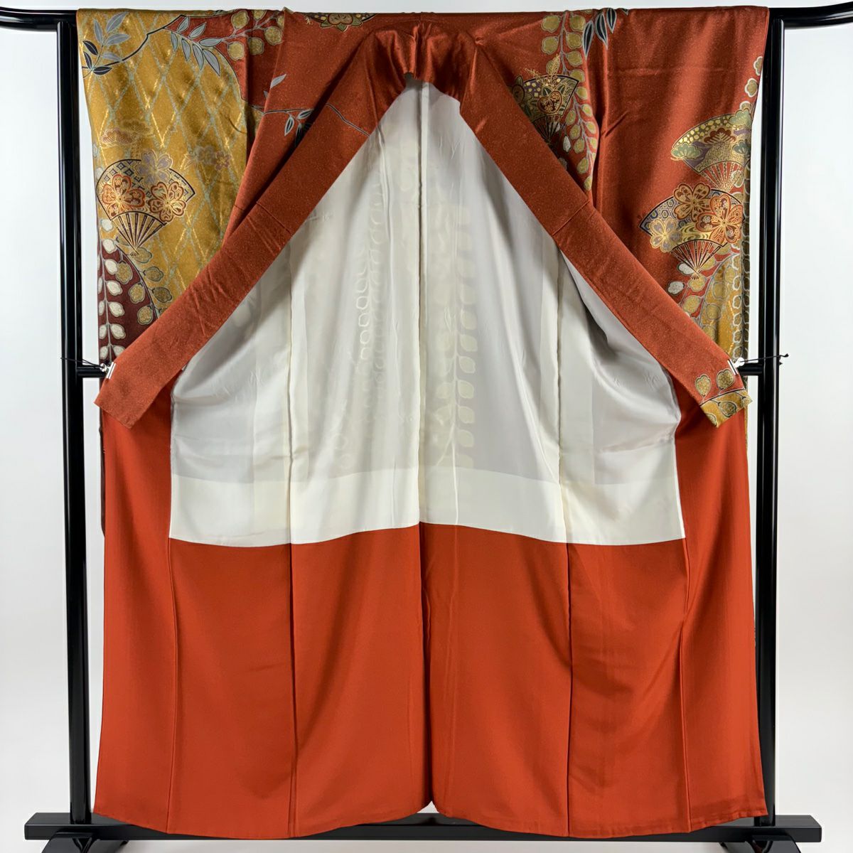 【美品】振袖禮服 身長158cm 袖長63.5cm S 雙層 扇子子 櫻花 金銀彩 金絲 紅茶 純蠶絲 秀品級
