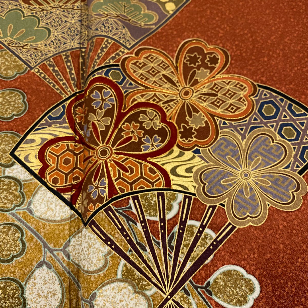 【美品】振袖禮服 身長158cm 袖長63.5cm S 雙層 扇子子 櫻花 金銀彩 金絲 紅茶 純蠶絲 秀品級