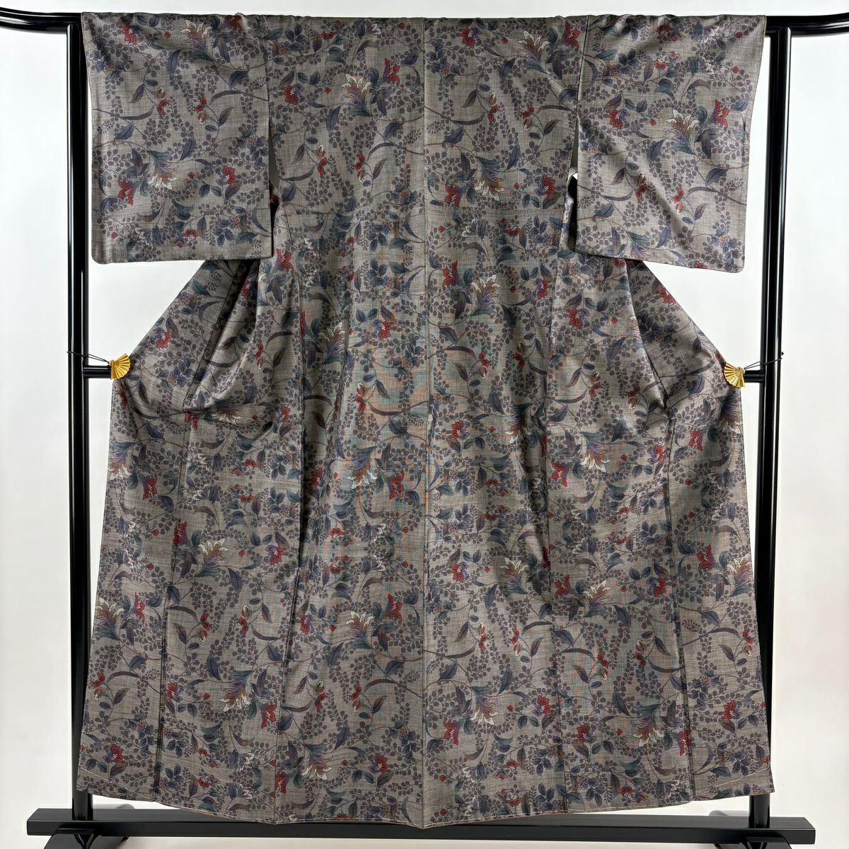 【美品】 紬織 身長156.5cm 袖長63cm S 雙層 花唐草紋 灰茶 純蠶絲 秀品級