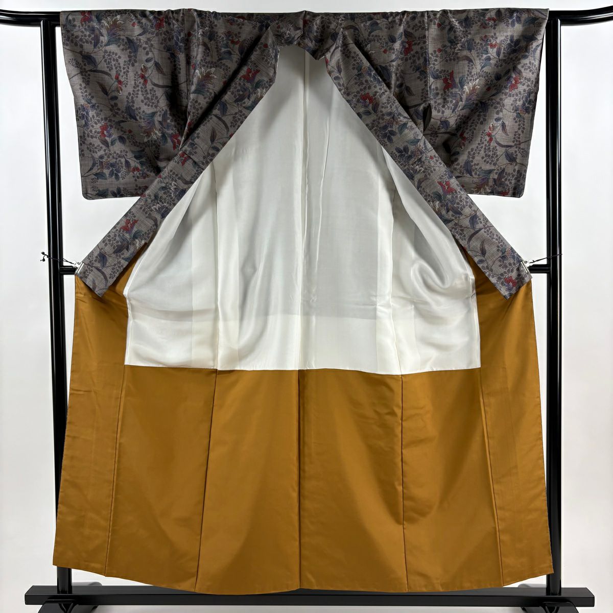 【美品】 紬織 身長156.5cm 袖長63cm S 雙層 花唐草紋 灰茶 純蠶絲 秀品級