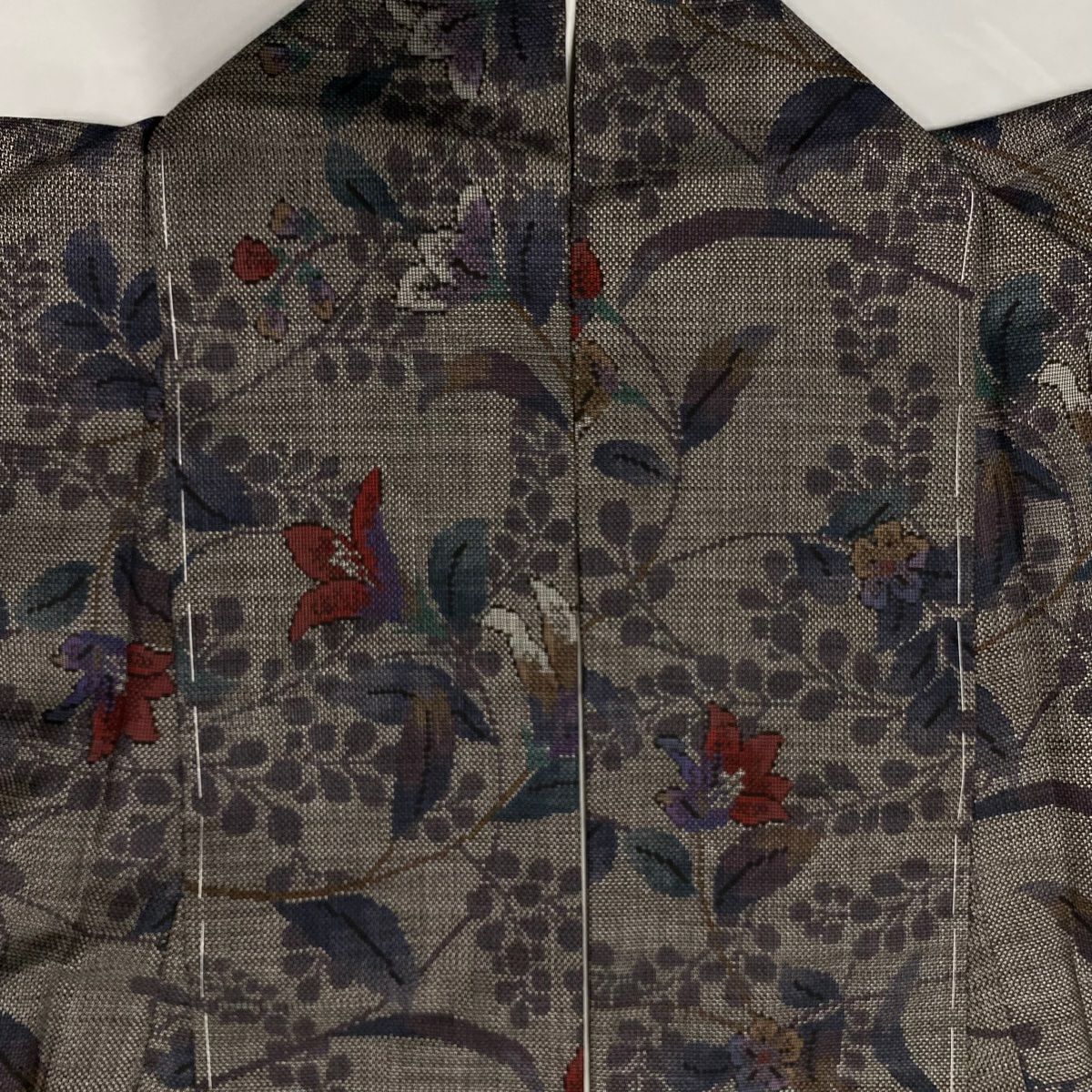 【美品】 紬織 身長156.5cm 袖長63cm S 雙層 花唐草紋 灰茶 純蠶絲 秀品級
