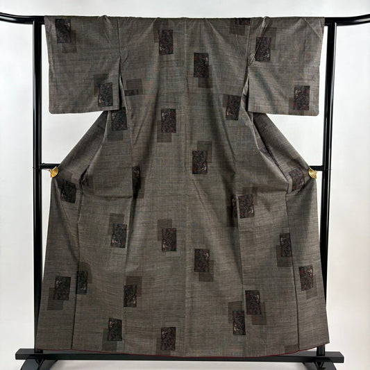 【美品】 紬織織 身長158.5cm 袖長61.5cm S 雙層 人物 草花紋紋 焦茶 純蠶絲 秀品級