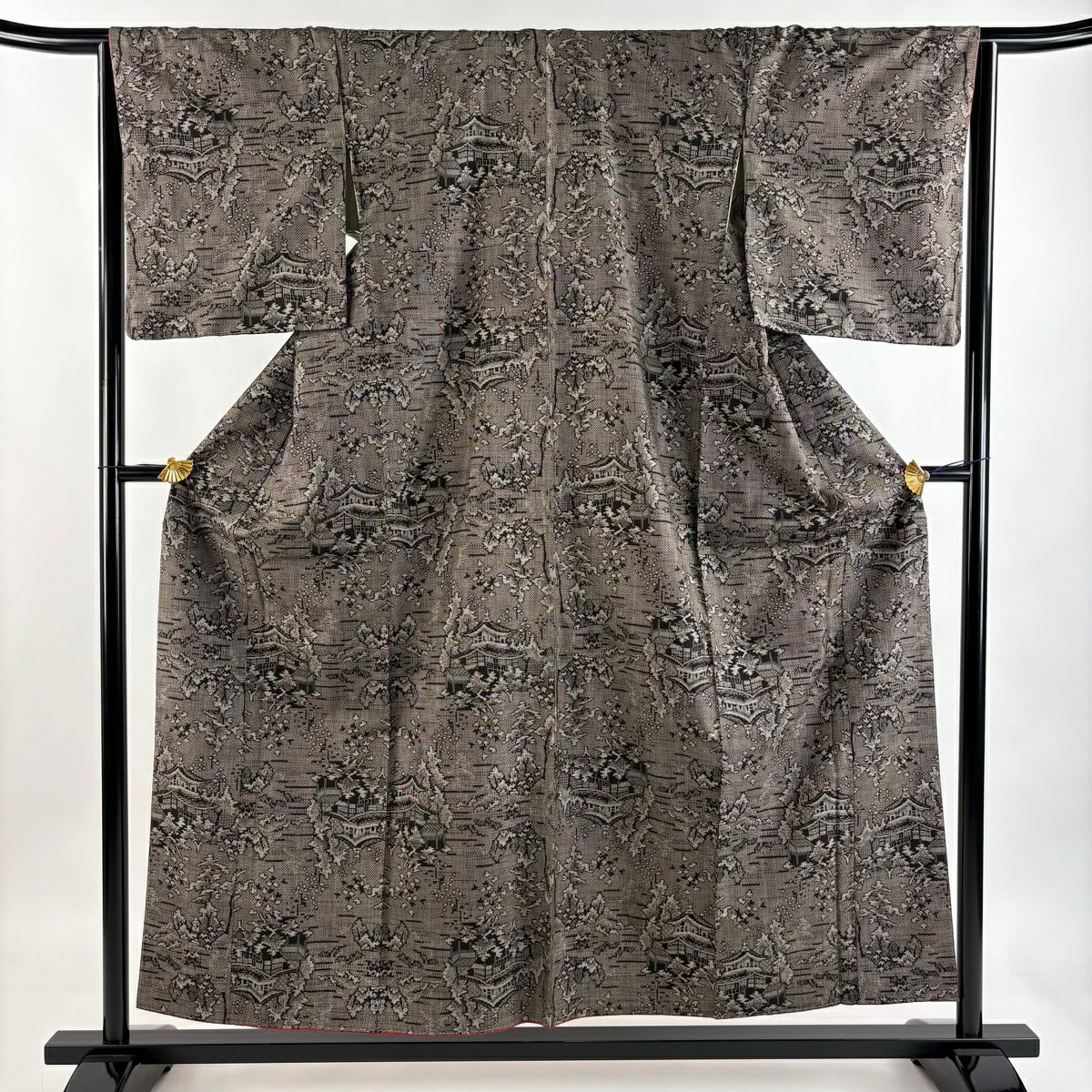 【美品】 紬織 身長155.5cm 袖長66cm M 雙層 建物 樹木 焦茶 純蠶絲 秀品級