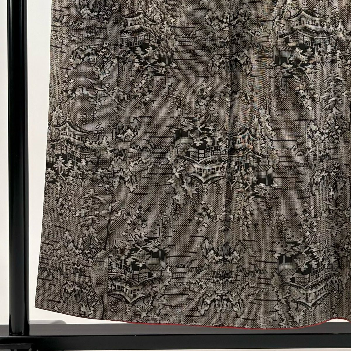 【美品】 紬織 身長155.5cm 袖長66cm M 雙層 建物 樹木 焦茶 純蠶絲 秀品級