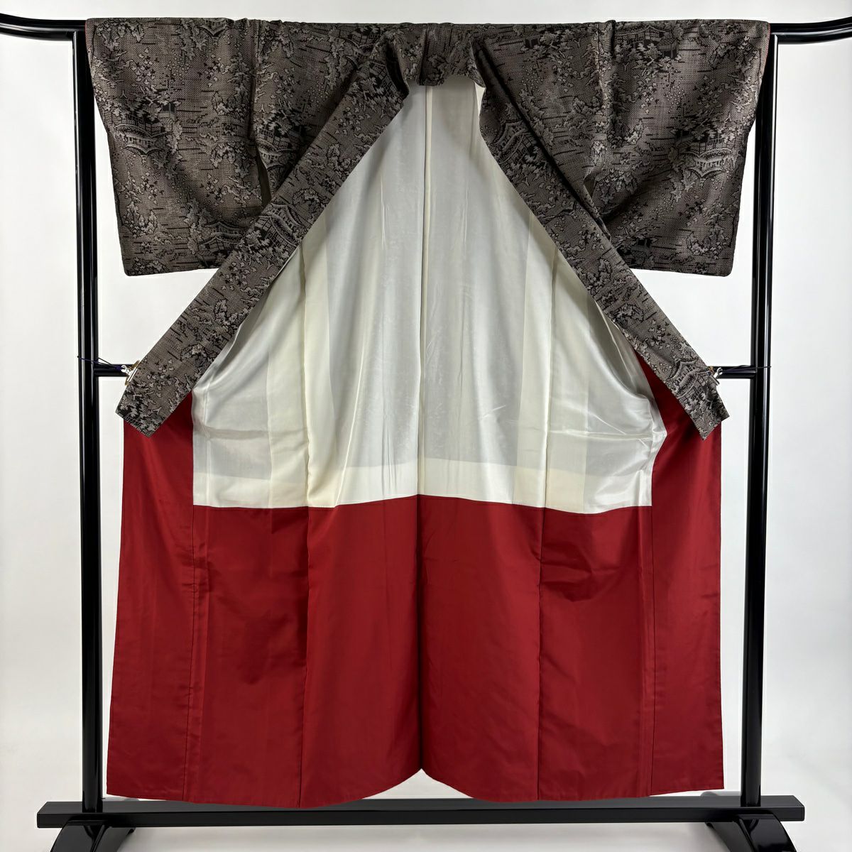 【美品】 紬織 身長155.5cm 袖長66cm M 雙層 建物 樹木 焦茶 純蠶絲 秀品級
